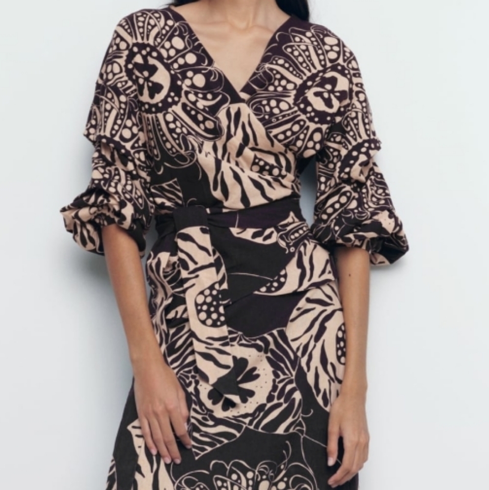 Zara printed linen Blend Wrap Style top